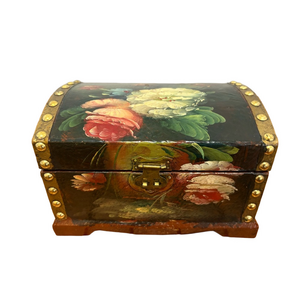 Hand-Painted Floral Keepsake Box in Dark Green with Cream & Pink Roses